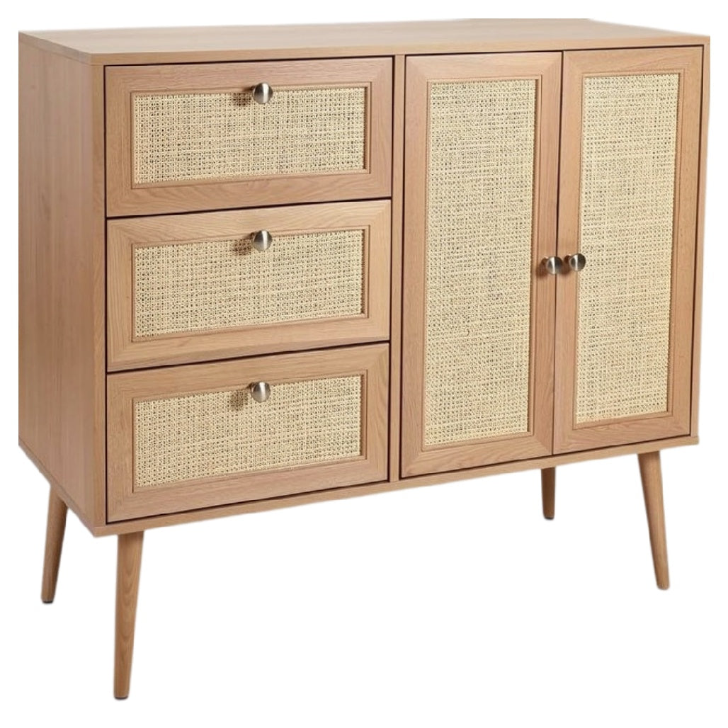 **Technische titel in het Nederlands: Moderne houten kast met rotanpanelen en 4 lades**