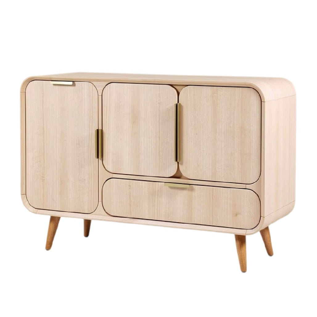 **Technische titel in het Nederlands: Moderne eikenhouten opbergkast met afgeronde randen en gouden handgrepen**