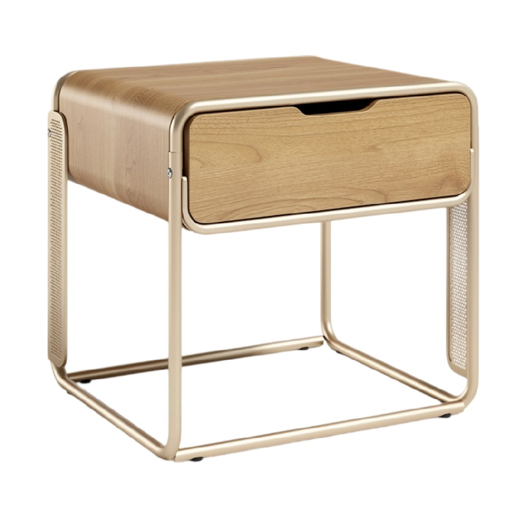 **Moderne nachtkast met houten lade en metalen frame**