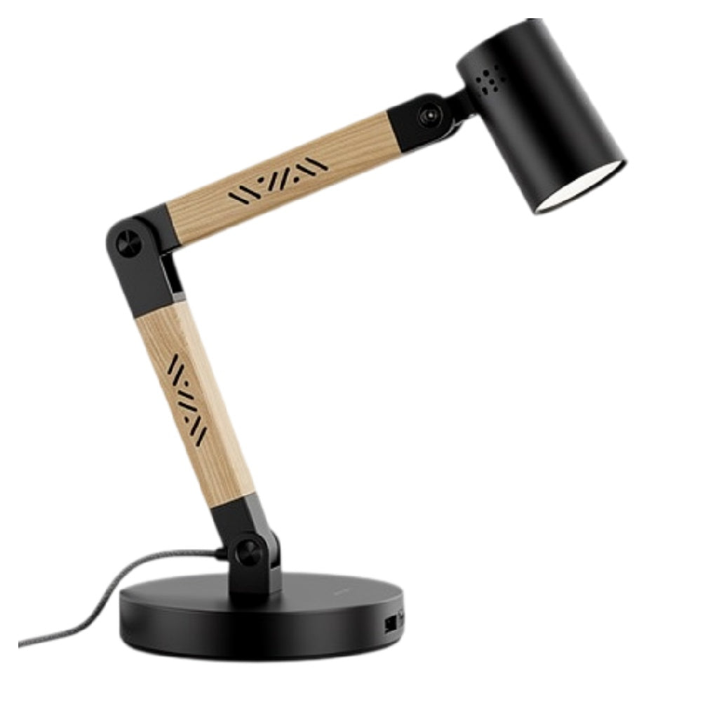 **Moderne bureaulamp met verstelbare arm en houten elementen**